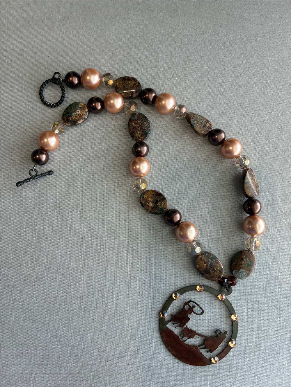Western Silhouette Pendant Necklace in Brown and Peach